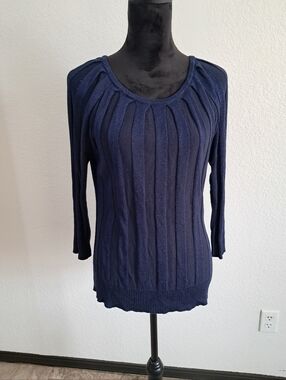 Joseph A Sweater Blouse Sz Lg Black Blue Shimmer Pleated 3/4 Sleeve Whimsigoth